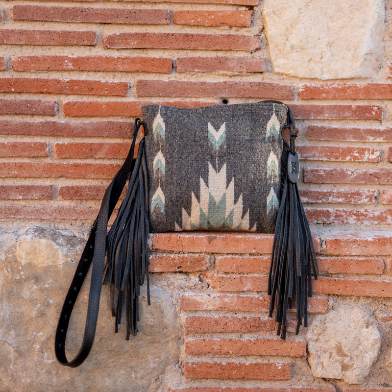 MZ Made Smoky Quartz Fringe Bag  Handwoven by Master Artisans in Oaxaca Mexico, Zapotec Pattern