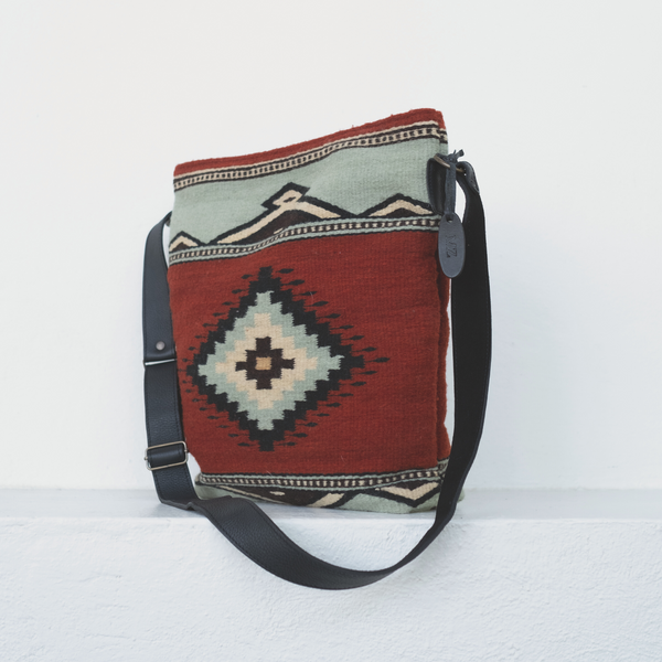 MZ Made Adobe + Azul Shoulder Bag  Handwoven by Master Artisans in Oaxaca Mexico, Zapotec Pattern