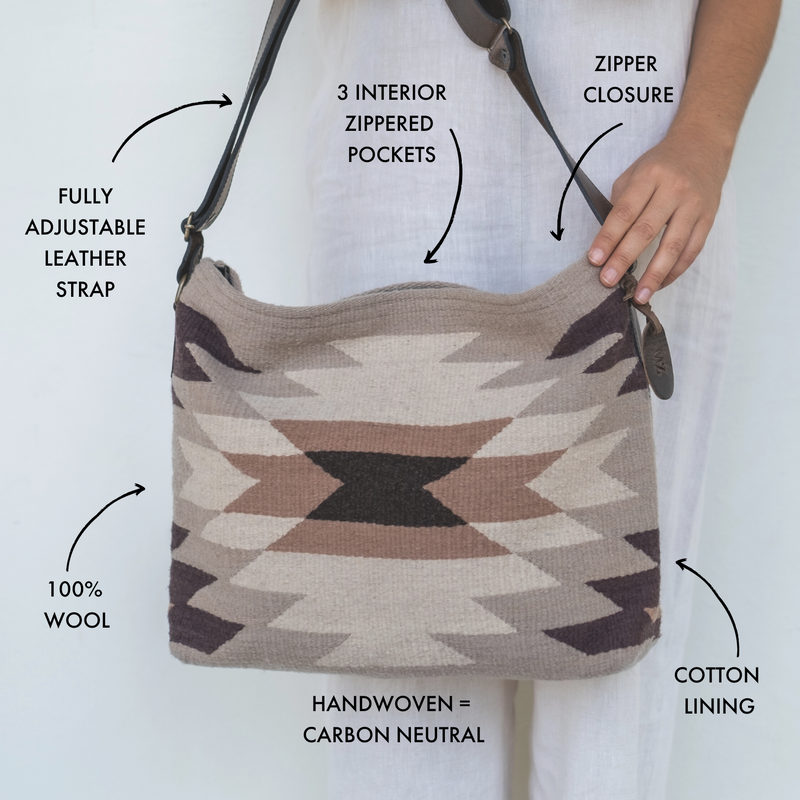 MZ Made Alchemy Shoulder Bag  Handwoven by Master Artisans in Oaxaca Mexico, Zapotec Pattern