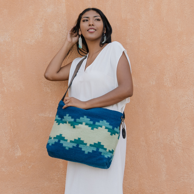 MZ Made Azure Shoulder Bag  Handwoven by Master Artisans in Oaxaca Mexico, Zapotec Pattern