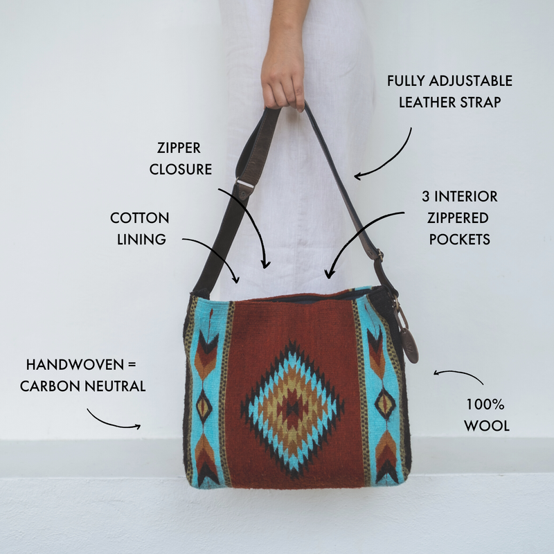 MZ Made Colornation Shoulder Bag  Handwoven by Master Artisans in Oaxaca Mexico, Zapotec Pattern