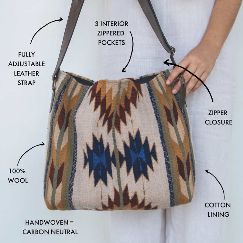 MZ Made Gemini Shoulder Bag  Handwoven by Master Artisans in Oaxaca Mexico, Zapotec Pattern