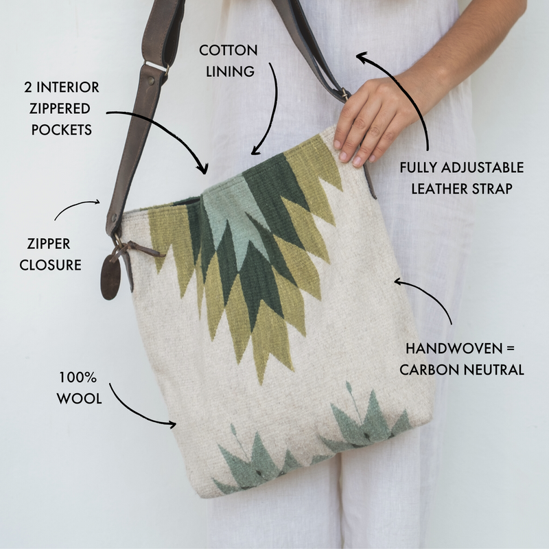 MZ Made Sage Shoulder Bag  Handwoven by Master Artisans in Oaxaca Mexico, Zapotec Pattern