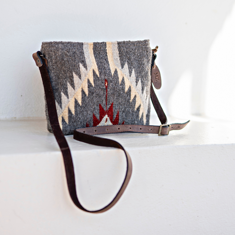MZ Made Stormy Skies Crossbody  Handwoven by Master Artisans in Oaxaca Mexico, Zapotec Pattern
