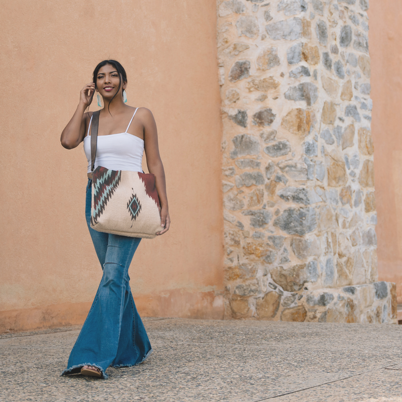 MZ Made Turquoise + Ruby Shoulder Bag  Handwoven by Master Artisans in Oaxaca Mexico, Zapotec Pattern