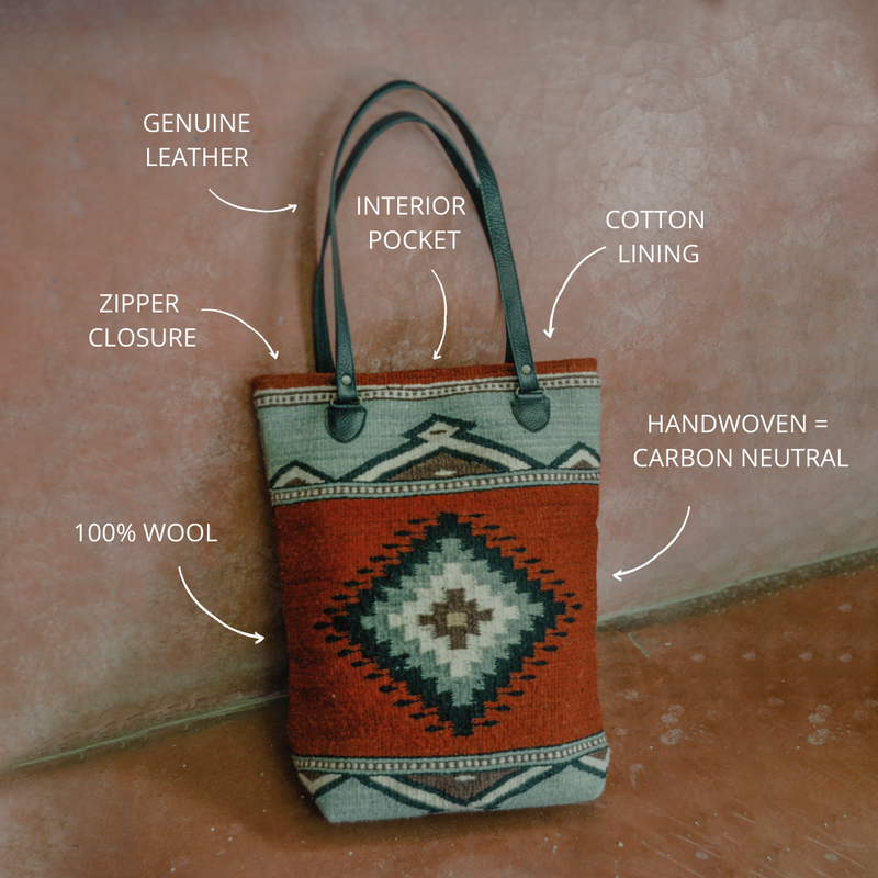 MZ Made Adobe + Azul Bucket Tote ~ Last Chance  Handwoven by Master Artisans in Oaxaca Mexico, Zapotec Pattern