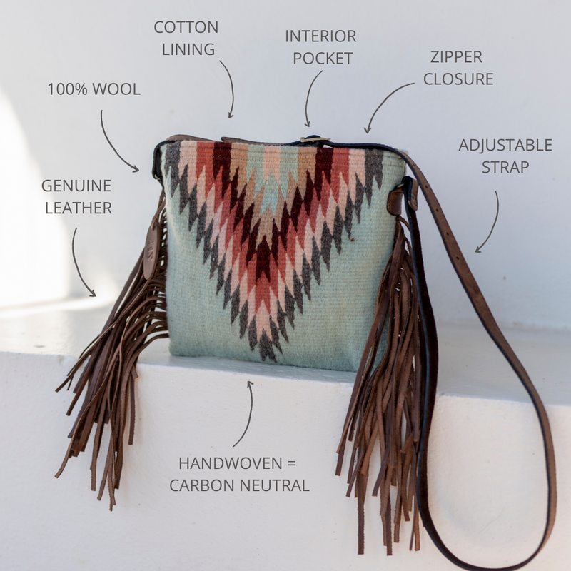 MZ Made Brisas Fringe Bag  Handwoven by Master Artisans in Oaxaca Mexico, Zapotec Pattern