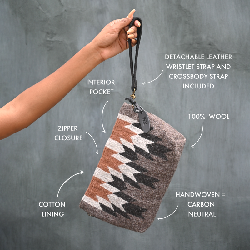 MZ Made Sandra Convertible Clutch  Handwoven by Master Artisans in Oaxaca Mexico, Zapotec Pattern