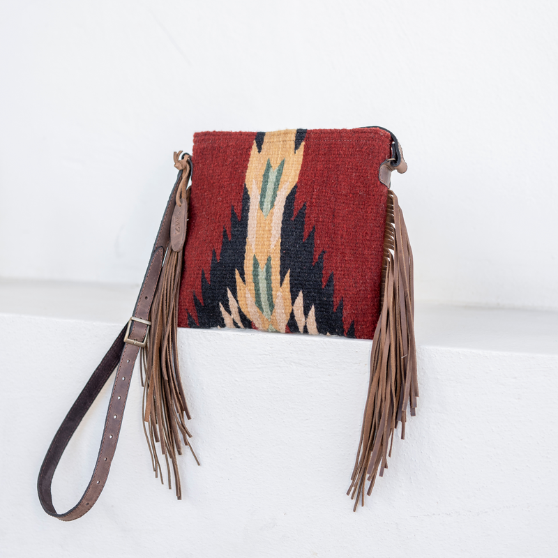 MZ Made Shadow Fringe Bag  Handwoven by Master Artisans in Oaxaca Mexico, Zapotec Pattern