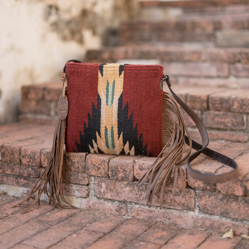 MZ Made Shadow Fringe Bag  Handwoven by Master Artisans in Oaxaca Mexico, Zapotec Pattern