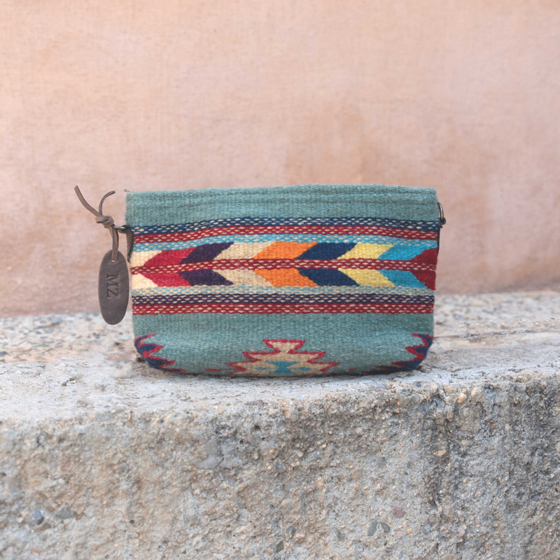 MZ Made Sun + Sea Convertible Clutch  Handwoven by Master Artisans in Oaxaca Mexico, Zapotec Pattern
