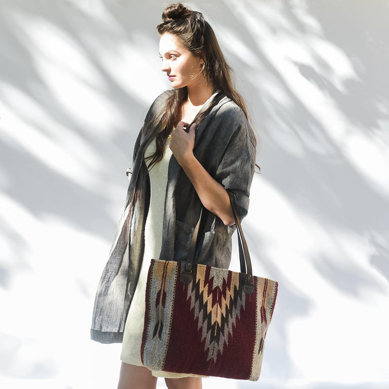 MZ Made Ochre + Ash Tote ~ Last Chance  Handwoven by Master Artisans in Oaxaca Mexico, Zapotec Pattern